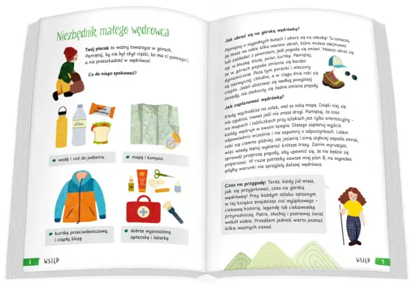 Ilustracja przedstawia niezbędnik małego wędrowca: plecak, wodę, jedzenie, mapę, kompas, kurtkę, bluzę, apteczkę i latarkę. To świetne **książki o tematyce górskiej** dla dzieci.